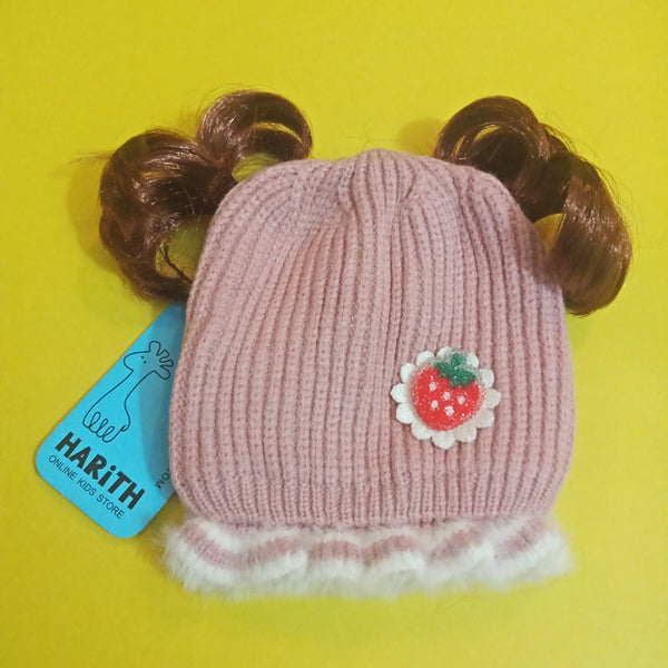 Baby Girl Hair Pony Tails Strawberry Wool extra warm winter cap